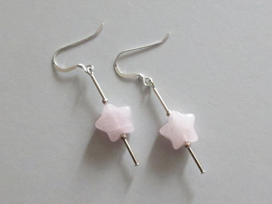 Baby Pink Rose Quartz Star & Sterling Silver Tubes Drop Earrings