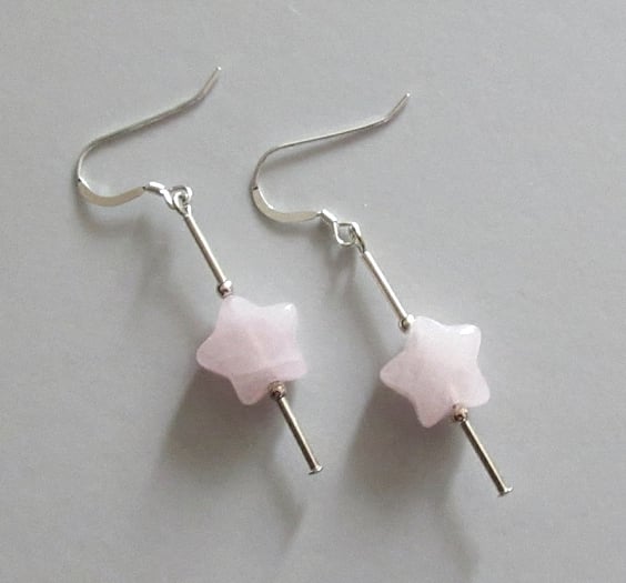 Baby Pink Rose Quartz Star & Sterling Silver Tubes Drop Earrings