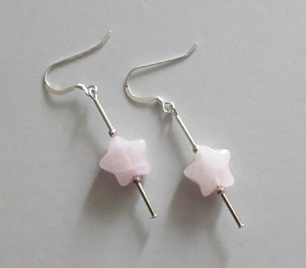 Baby Pink Rose Quartz Star & Sterling Silver Tubes Drop Earrings