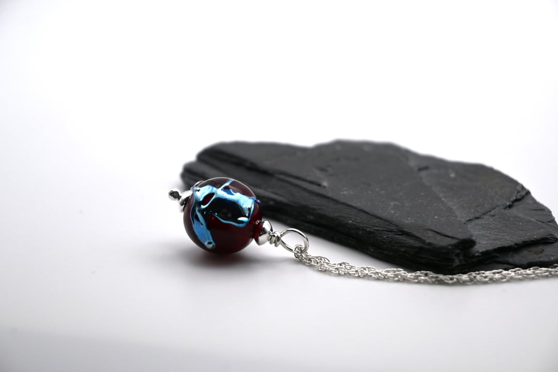 lampwork glass red and silver sphere pendant necklace