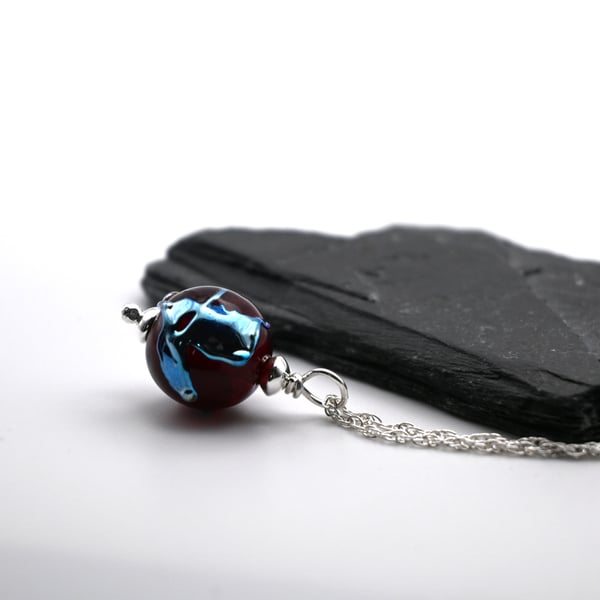 lampwork glass red and silver sphere pendant necklace