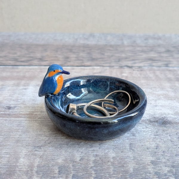 Very small ring dish with kingfisher, dark blue glaze