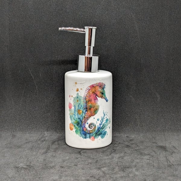 Decoupage, ceramic soap dispenser with images of a Seahorse