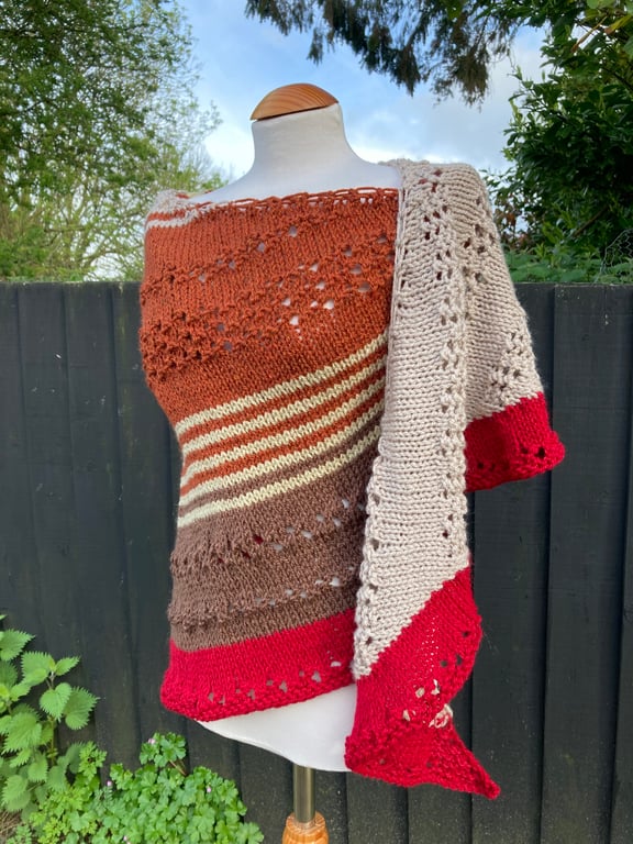 Unique Asymmetrical Hand Knitted Lace Wrap in Earthy Colours 