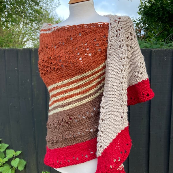 Unique Asymmetrical Hand Knitted Lace Wrap in Earthy Colours 