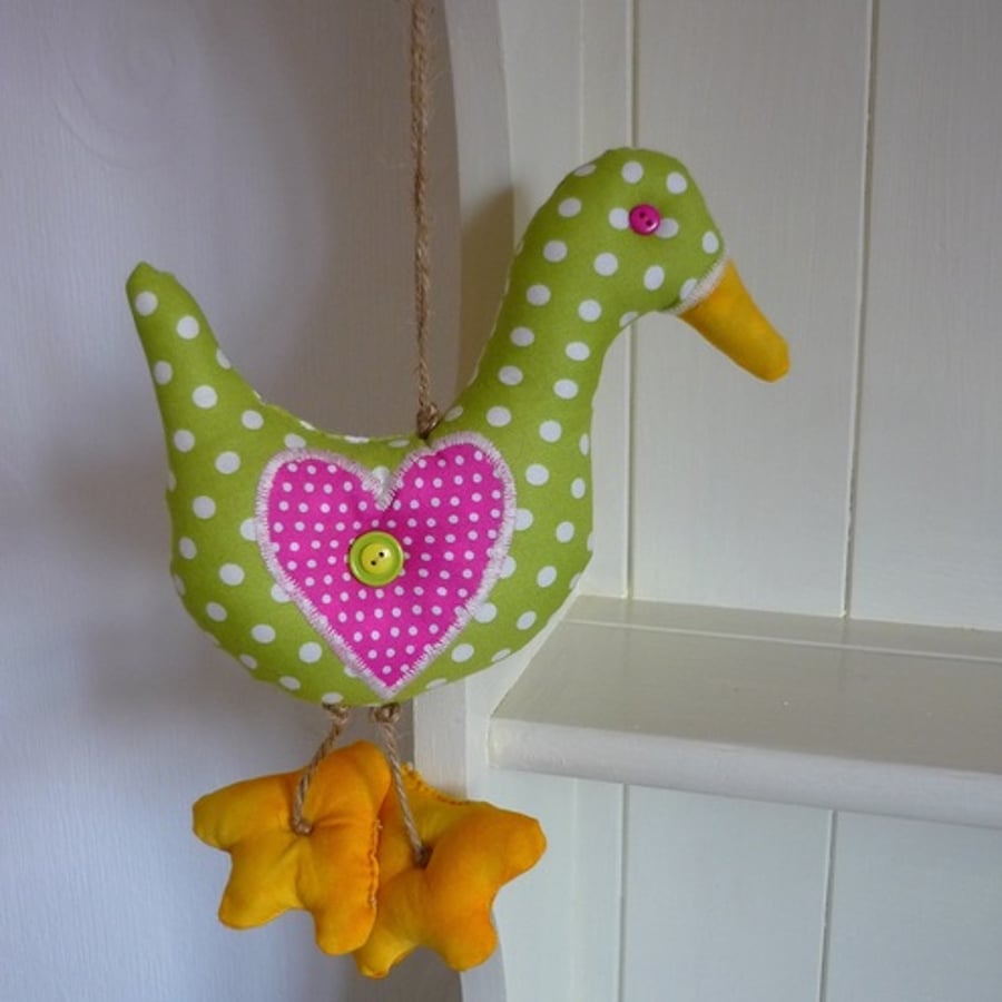 Hanging Duck Decoration Lime Green with White Spots and  Applique Hearts~ Shabby Chic