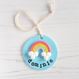 Personalised Rainbow and clouds decoration, polymer clay, personalisation
