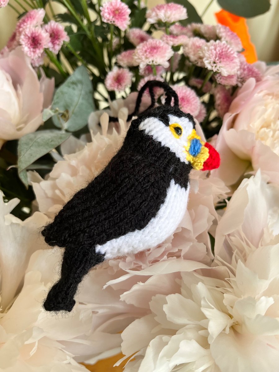 Puffin bird hand knit tree decoration 