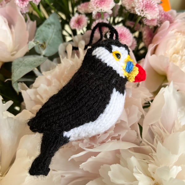 Puffin bird hand knit tree decoration 