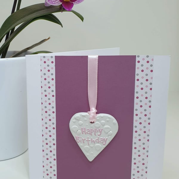 Keepsake handmade card with detachable clay heart, happy birthday greetings card