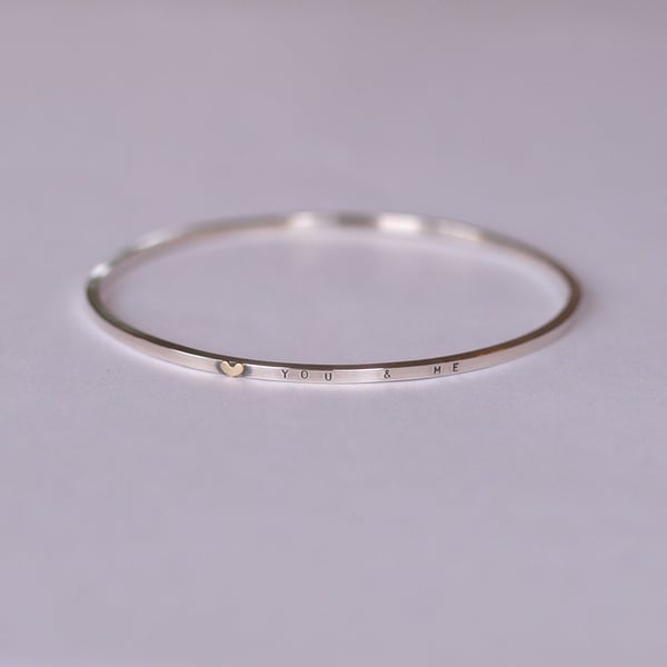 Personalised Silver Bangle with Gold Heart - Sterling Silver Bangles