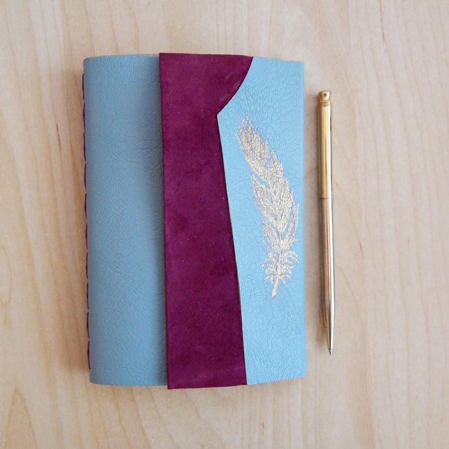 Journal Duck Egg leather, wine suede, gold painted feather.  Gifts for Women. 