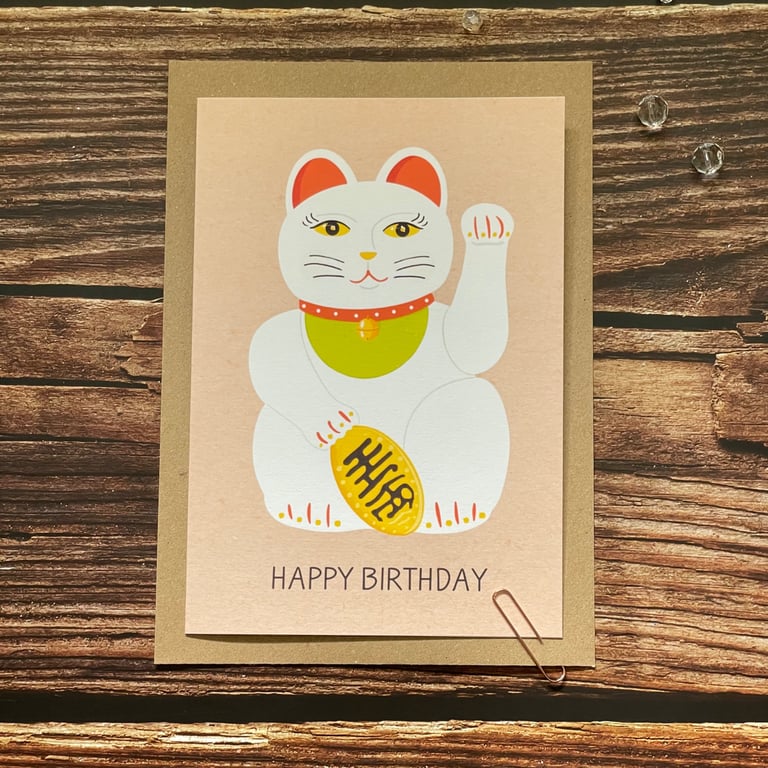 Lucky Cat Birthday Card - Maneki Neko Hand-Illustrated Greeting Card
