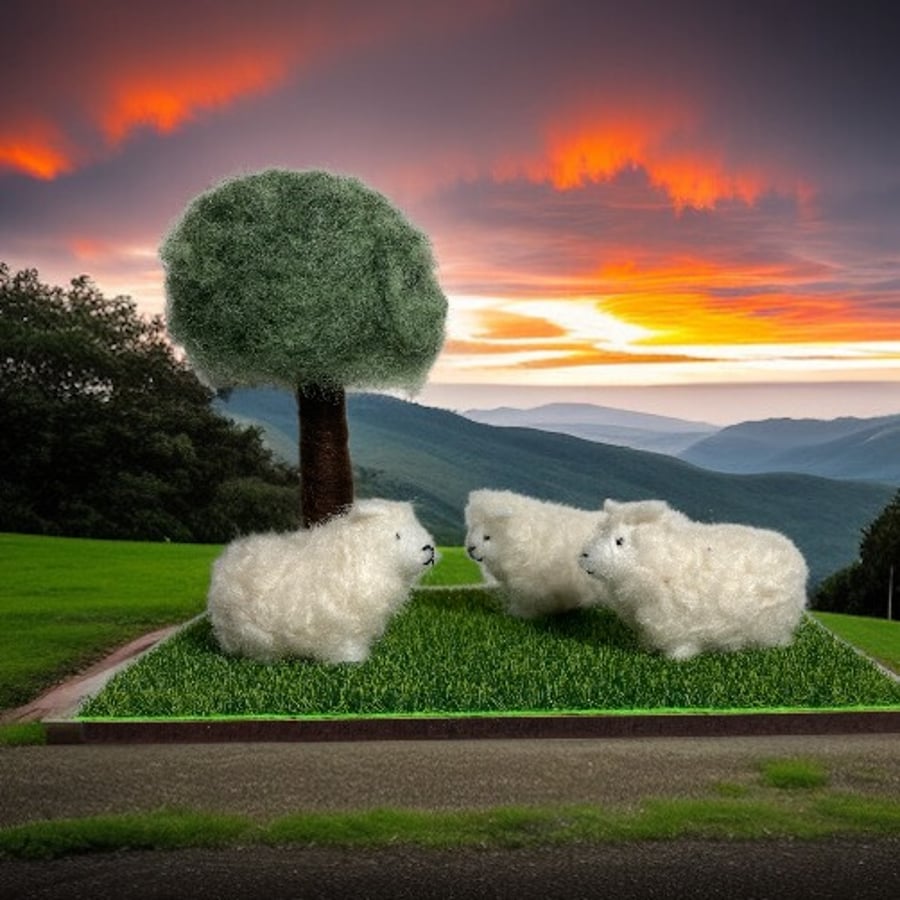 Felted 3d model of woolly sheep beneath a tree, country scene