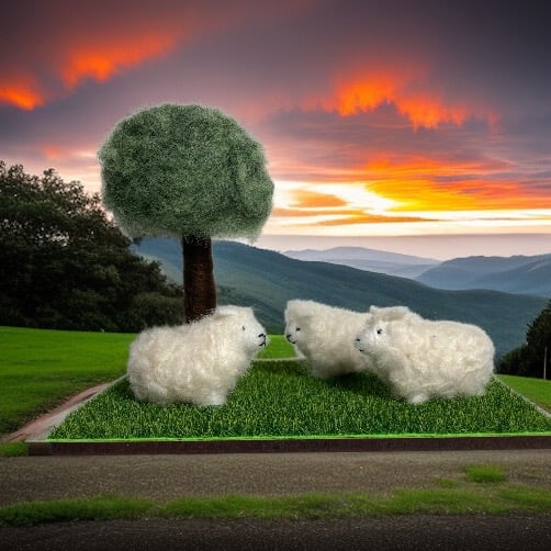 Felted 3d model of woolly sheep beneath a tree, country scene