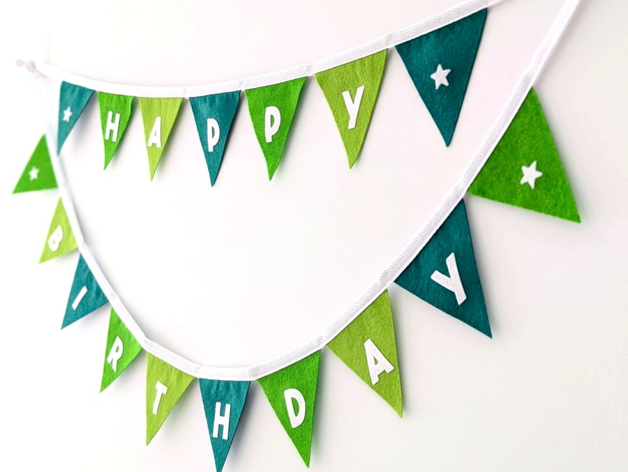 Felt Happy Birthday Bunting in Fresh Forest Greens - Reusable Party Banner