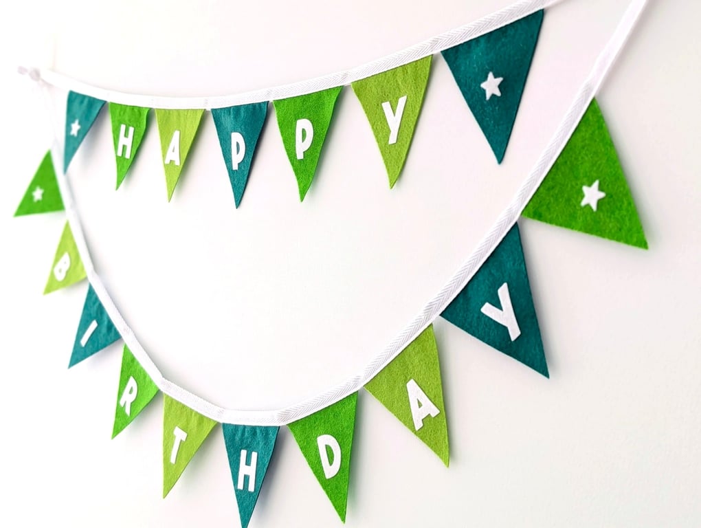Felt Happy Birthday Bunting in Fresh Forest Greens - Reusable Party Banner