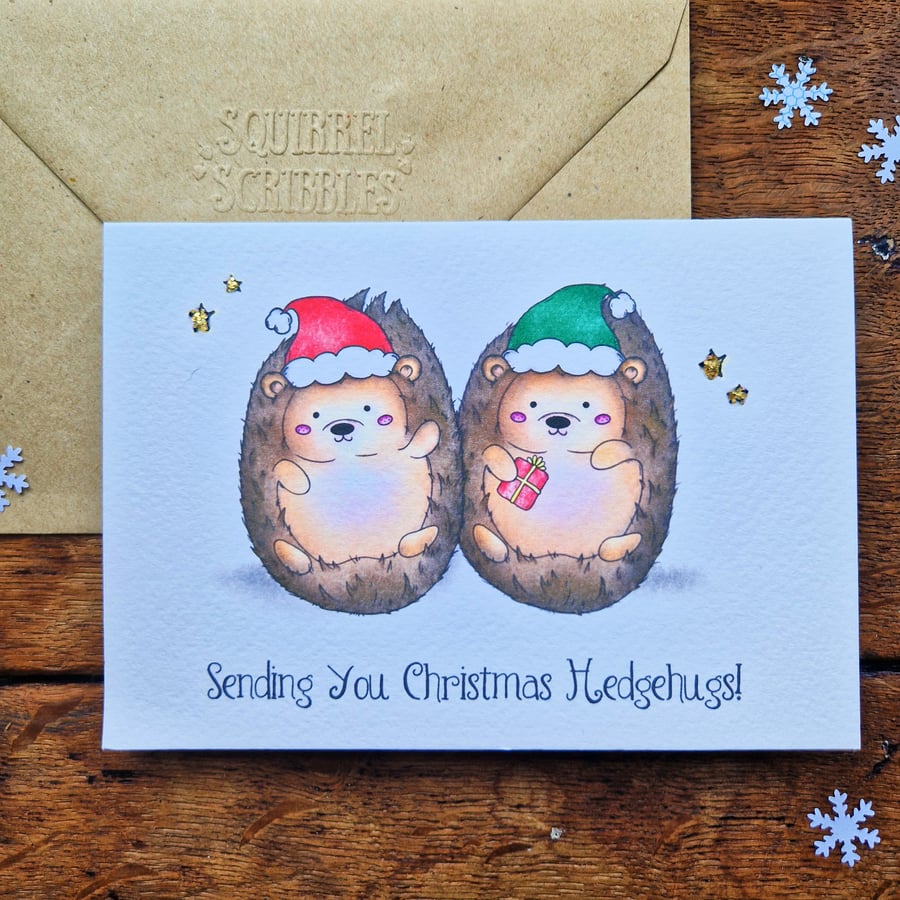 Hedgehog Christmas card, Family Christmas card, Sending Christmas hugs