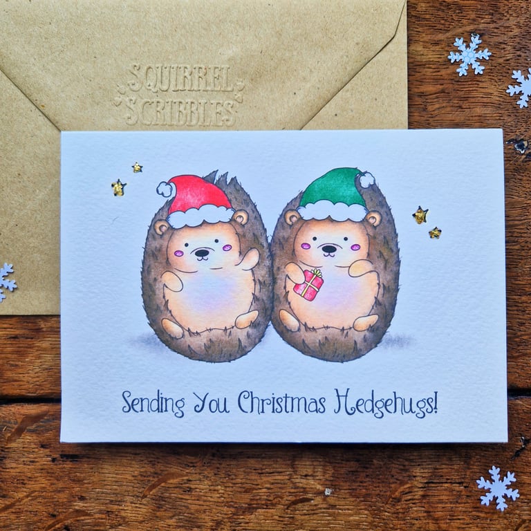 Hedgehog Christmas card, Family Christmas card, Sending Christmas hugs