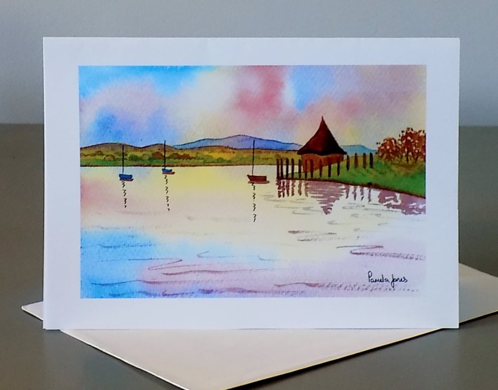 Crannog, Llangorse Lake, Brecon, Wales, Greetings Card, Blank inside, A5