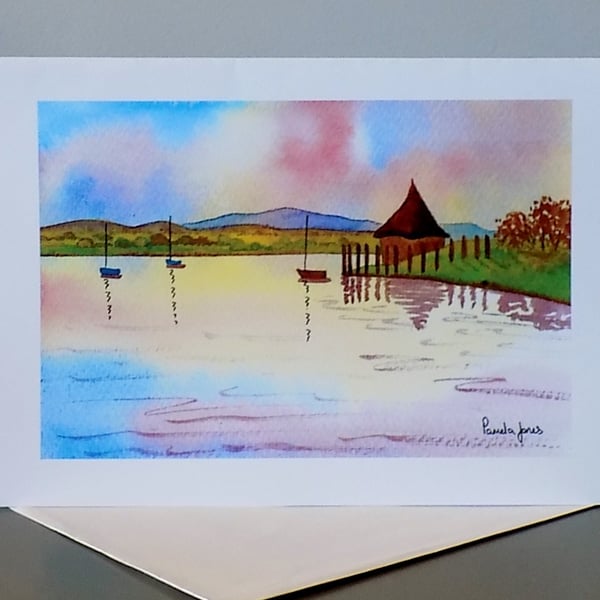 Crannog, Llangorse Lake, Brecon, Wales, Greetings Card, Blank inside, A5