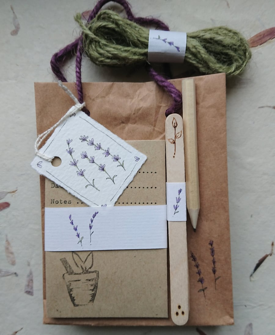 Gardener’s Gift Set – Wooden labels, seed envelopes, twine & pencil - Lavender