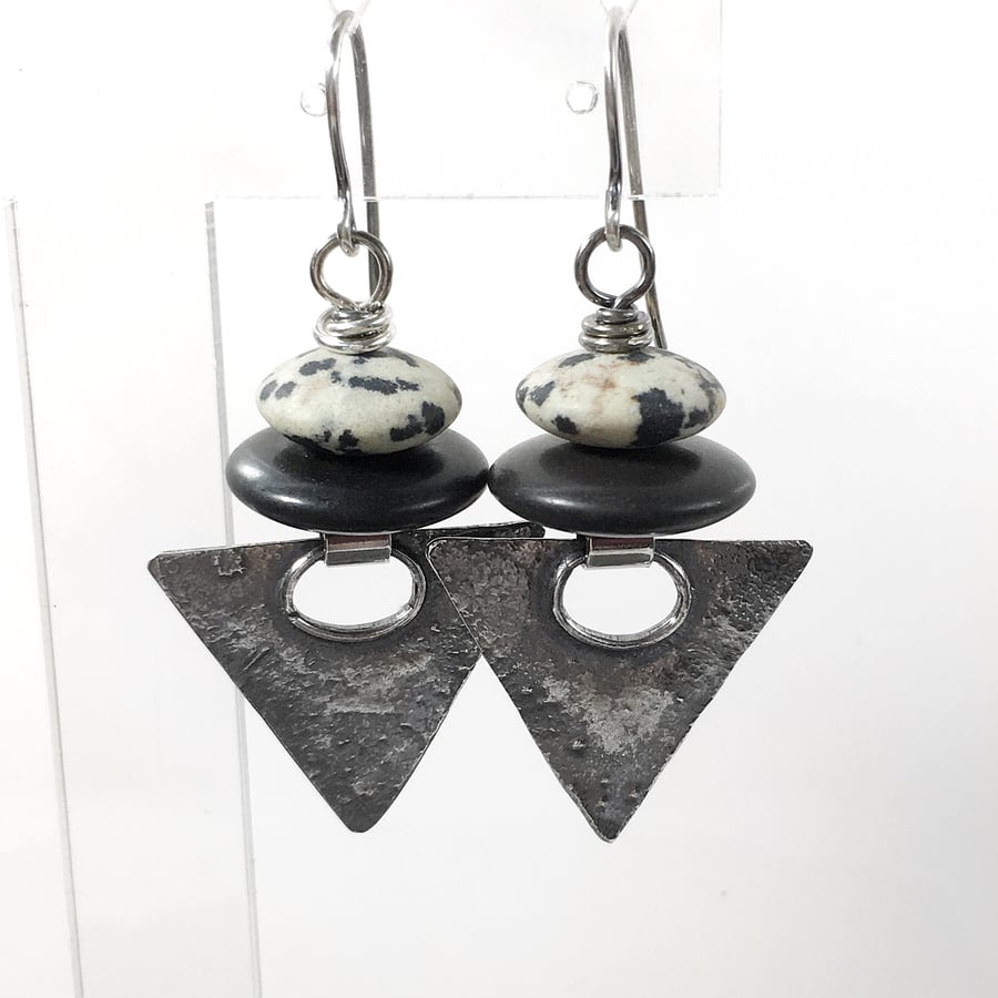 Oxidised silver dalmation jasper and black agate triangular earrings