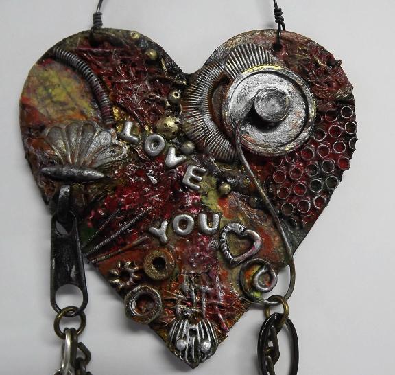 Grungy Mixed Media Love You  Hanging Heart 