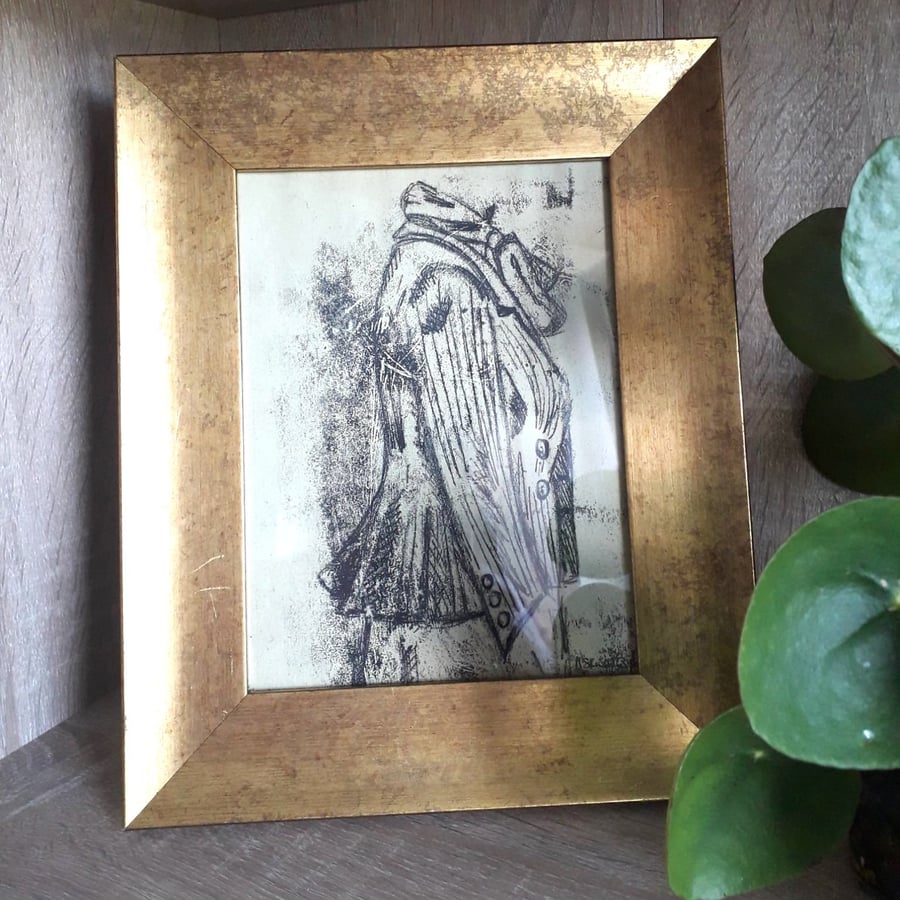 Vintage Ladies Coat Original ink drawing in Antique Gold picture Frame.  