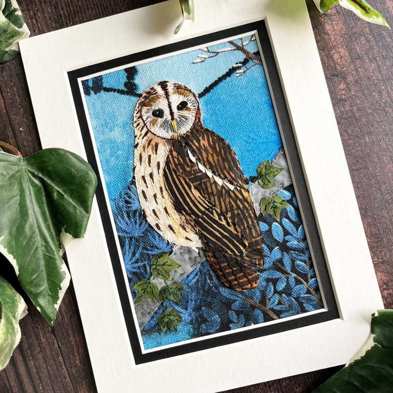 Textile art, tawny owl picture, fabric owl, gift for bird lover, gift for mum