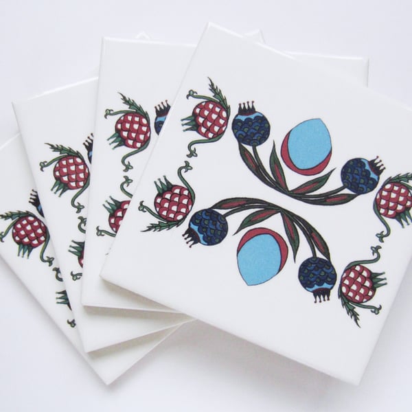 4 x Ottoman Inspired Pomegranate Pattern Ceramic Tile Coasters with Cork Backing