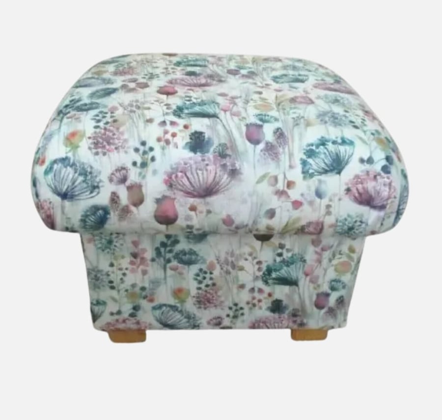 Voyage Meadow Fabric Footstool Floral Pouffe Botanical Lilac Pink Pouffe