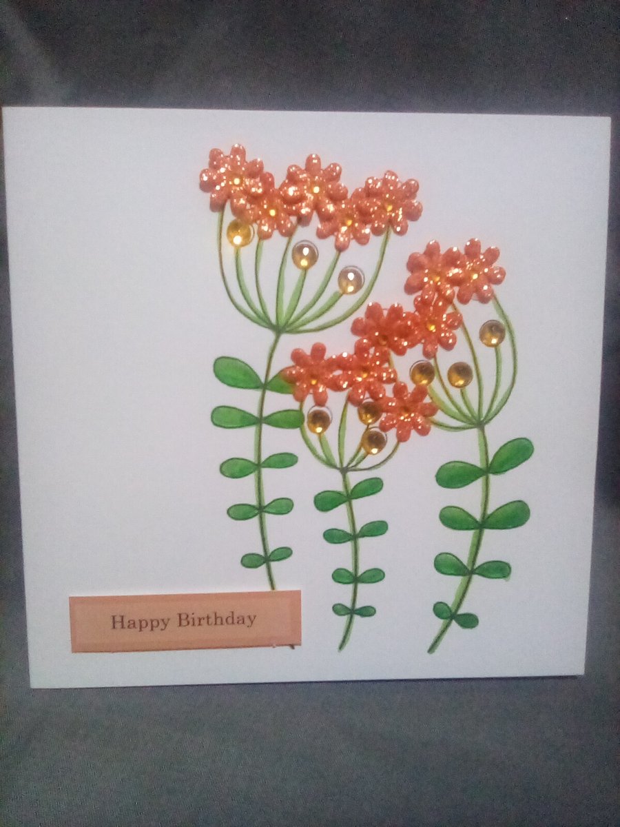 Orange handmade paper flower and watercolour Birthday card
