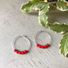 Red Beaded Hoop Earrings, sterling silver