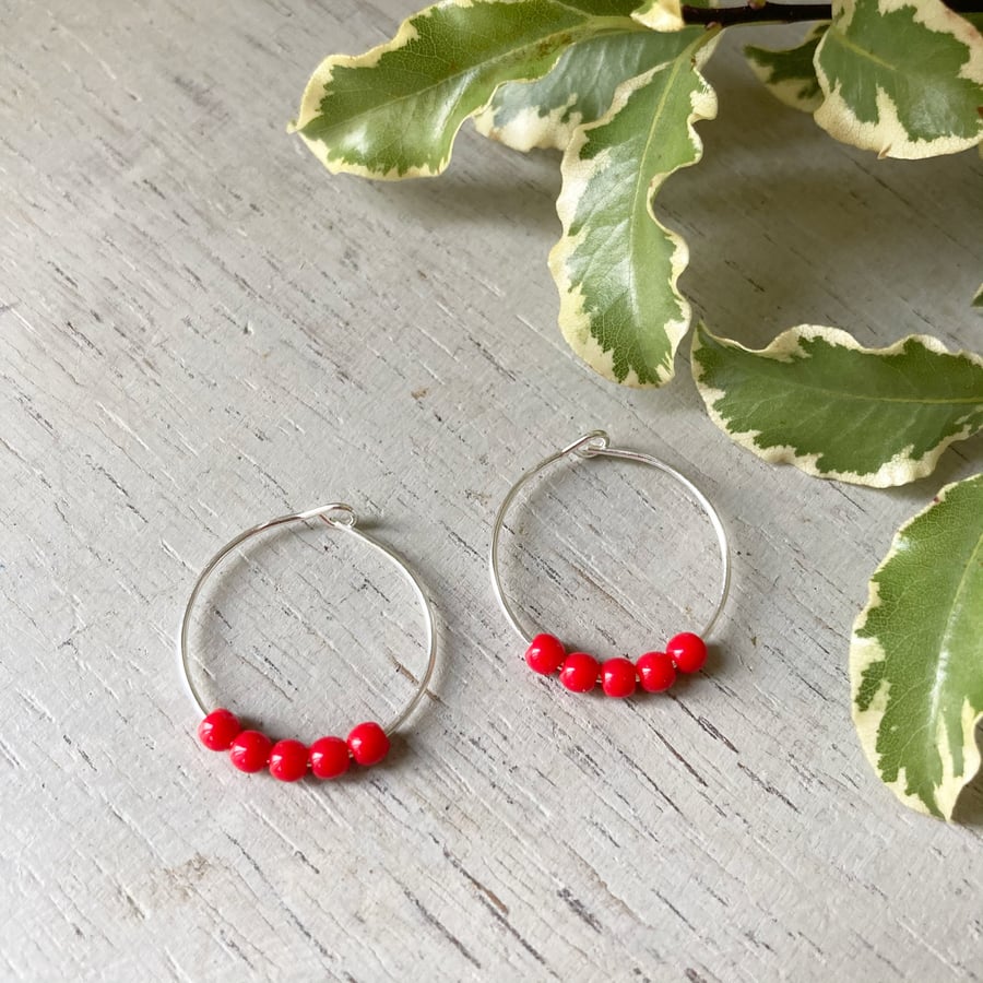 Red Beaded Hoop Earrings, sterling silver