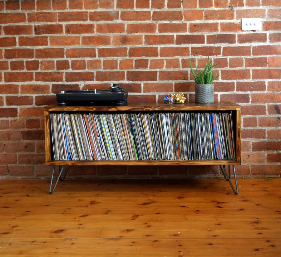 Record player stand and vinyl storage unit with hairpin legs and charred finish