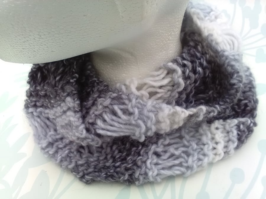 SALE! Hand Knitted Lacy MOBIUS Cowl Black, White Grey