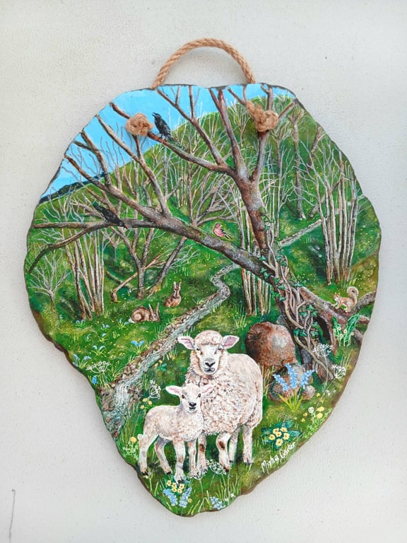 'Woodland Sheep' Original Painting on Welsh Slate