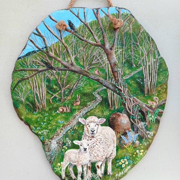 'Woodland Sheep' Original Painting on Welsh Slate