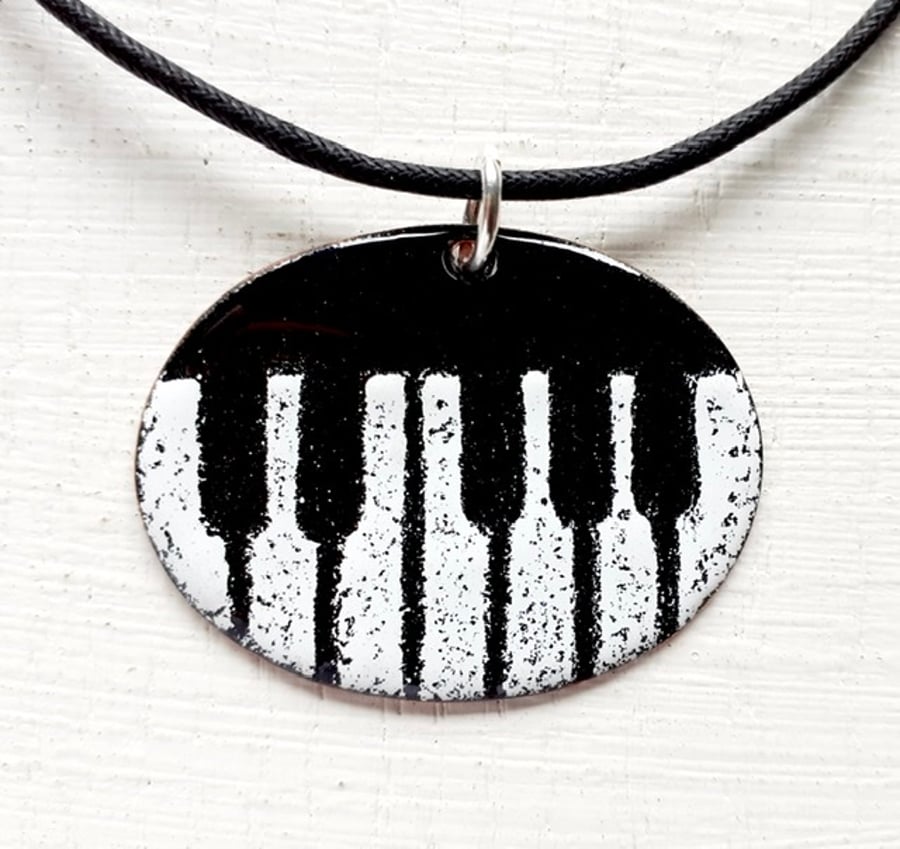 Piano Keys Pendant - Oval Pendant with Keyboard Design in Black & White Enamels