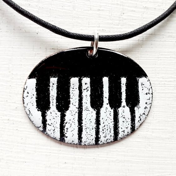 Piano Keys Pendant - Oval Pendant with Keyboard Design in Black & White Enamels