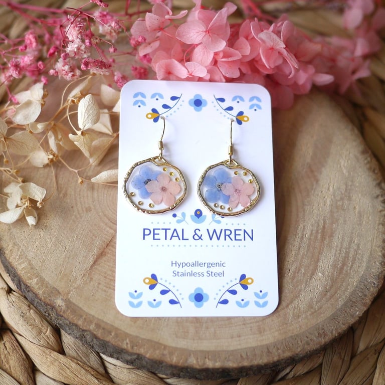 Dried, Pressed Real Flower Dangle Drop Earrings, Hypoallergenic