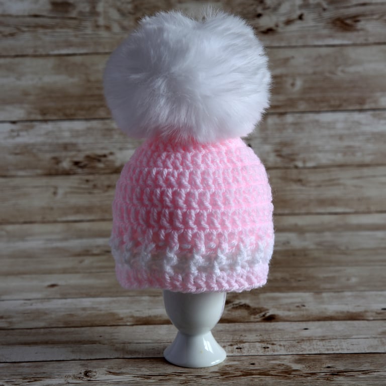 Soft Pink and White Baby Hat with Faux Fur Pom Pom - Crochet Hat, in Two Sizes
