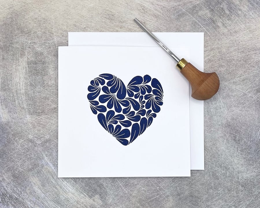 Lino Print Mussel Shell Heart Card, Blank Inside For Your Own Message