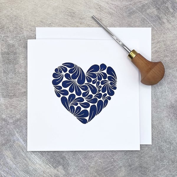 Lino Print Mussel Shell Heart Card, Blank Inside For Your Own Message