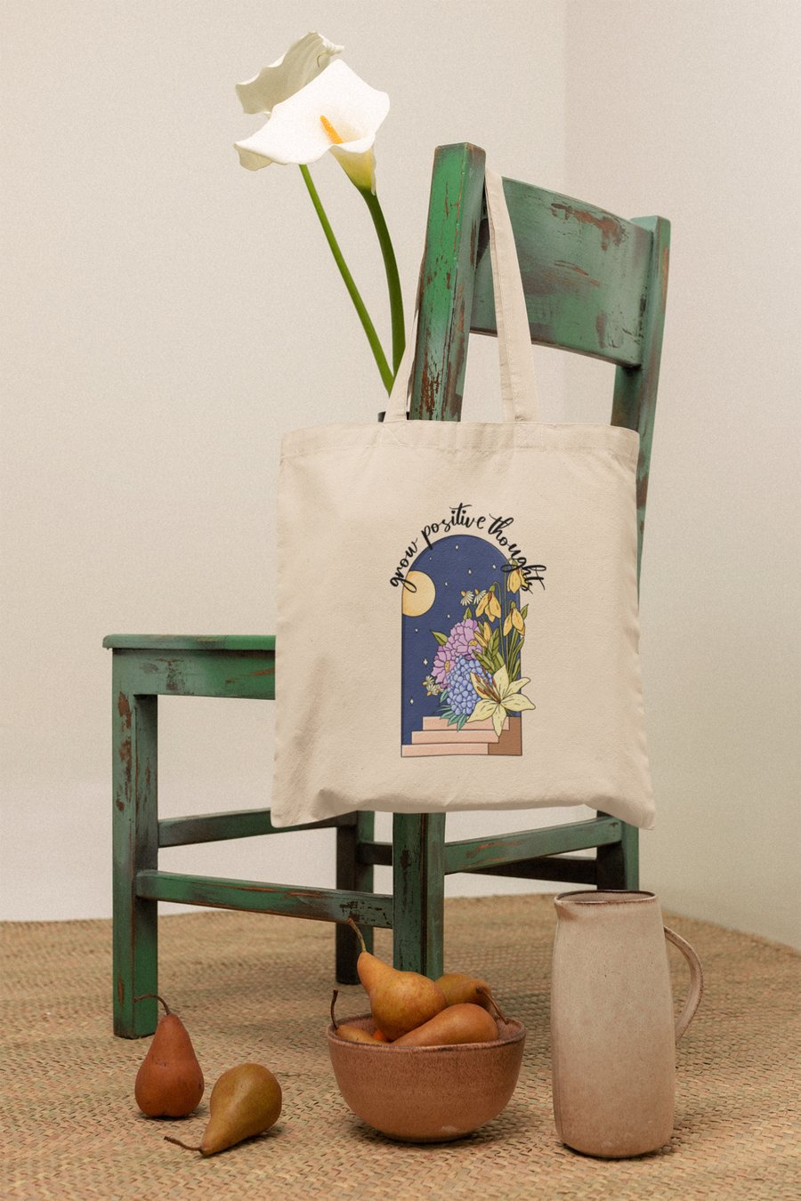 Grow positive thoughts tote bag, Handmade tote bag, 100% Cotton, recyclable