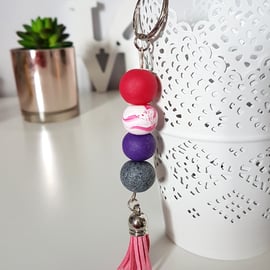 "Sugar Free" Geometric modern round beaded Keyring - pink, purple, grey, white