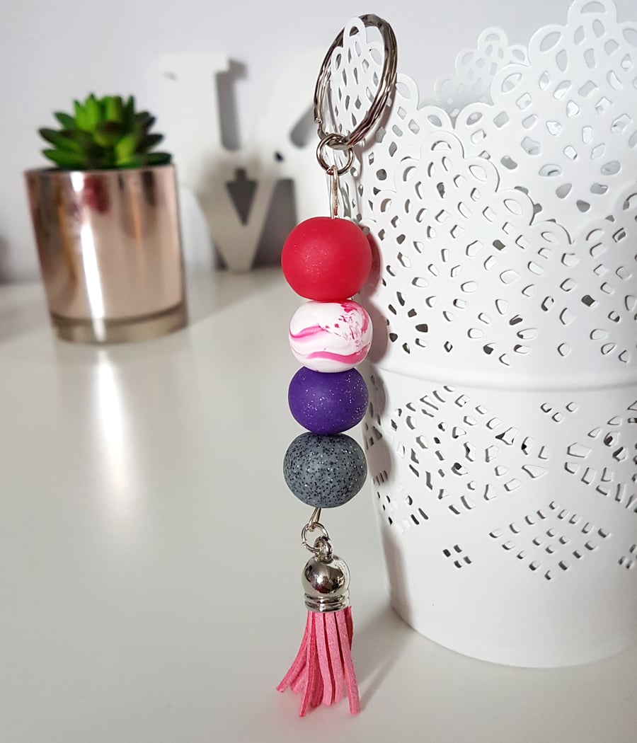 "Sugar Free" Geometric modern round beaded Keyring - pink, purple, grey, white