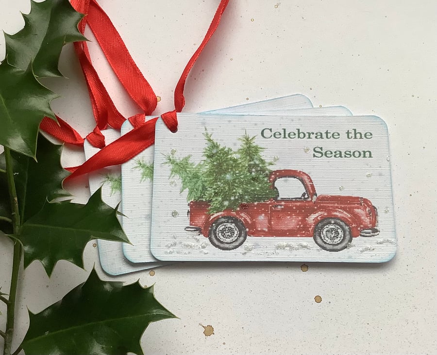 CHRISTMAS GIFT TAGS  ( set of 3. ) Vintage-style . Christmas Tree. Truck.