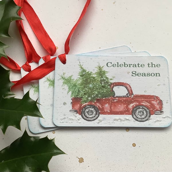 CHRISTMAS GIFT TAGS  ( set of 3. ) Vintage-style . Christmas Tree. Truck.